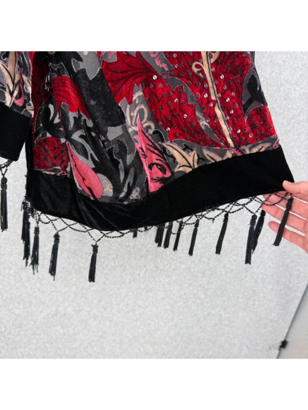 MSK Womens VTG Velvet Burnout Floral Kimono Duster Size L Black Red Whimsy Dark - Picture 6 of 13